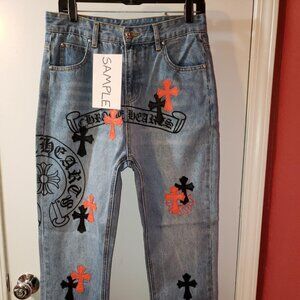 CHROME HEARTS JEANS BLUE DENIM NEW SHOWROOM SAMPLE MENS BLACK RED CROSS PATCH